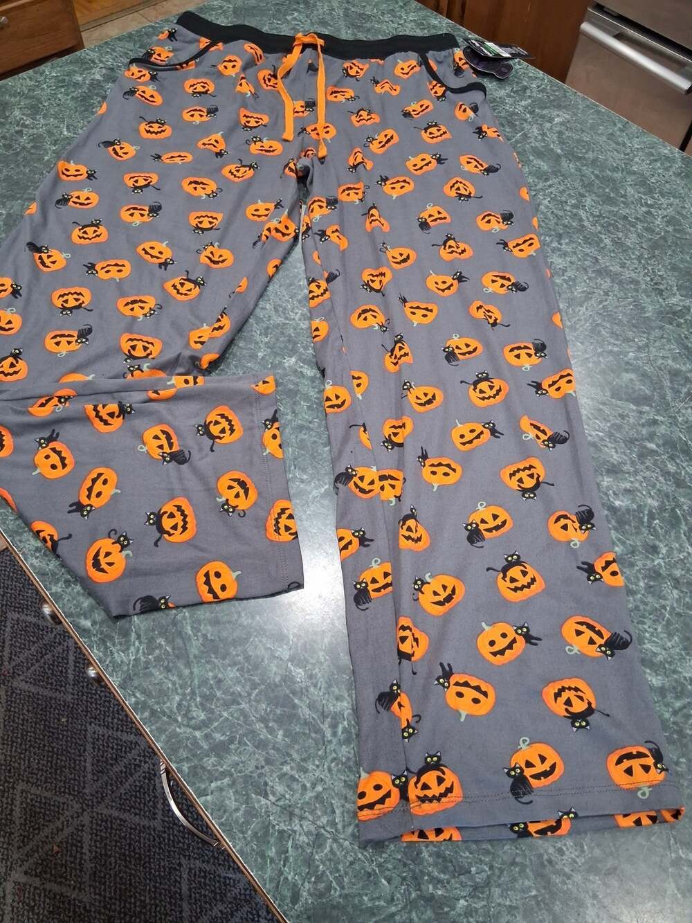 Pillow Talk womens Halloween Cat Pumpkin Pajama Lounge Pants Gray Orange Sz L